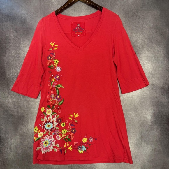 Johnny Was Tunic Shirt Women's Large Red Embroidered Floral V Neck 3/4 Sleeve